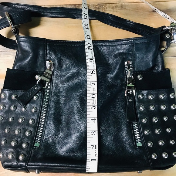 B Makowsky Black Leather & Silver Stud Crossbody. - Picture 9 of 16